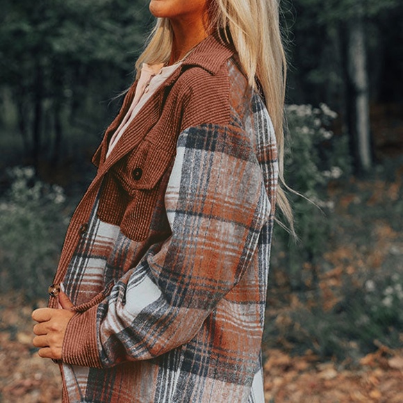 B184 Cinnamon Plaid Corduroy Check Pocket Shacket - Picture 2 of 3